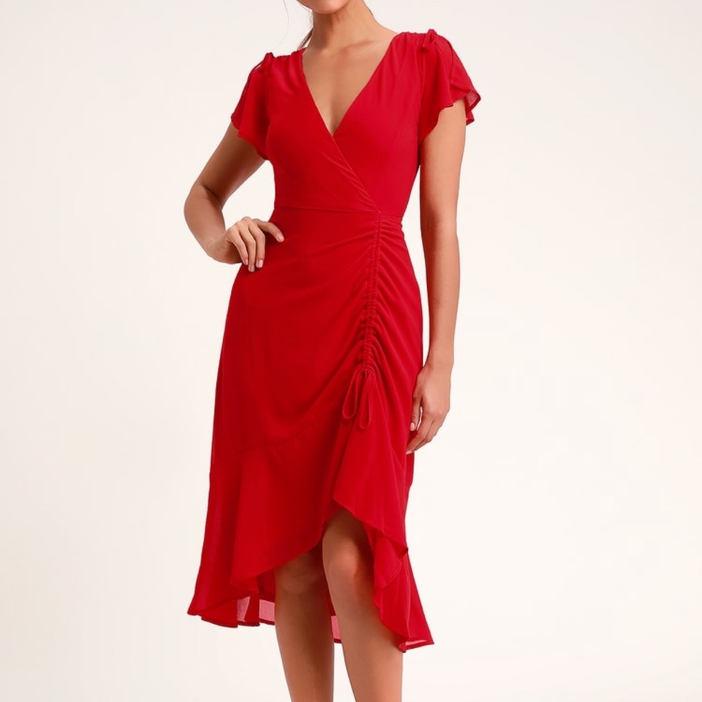 Lulus Outstanding Red Ruched High-Low Midi Dress